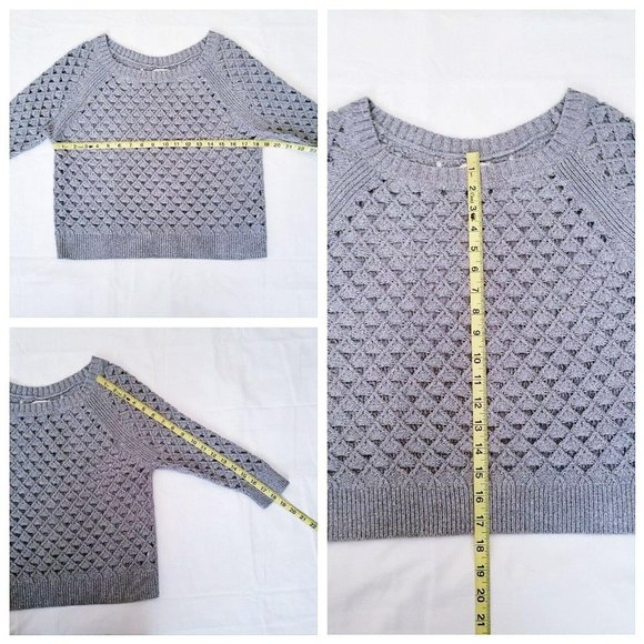 American Eagle Outfitters Crochet 3/4 Sleeve Open Cable Knit Sweater Gray Medium - Picture 5 of 9